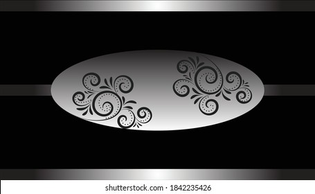 Fondo negro con un patrón plateado decorativo sobre un plato oval.