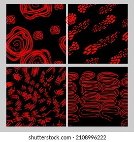 fondo negro con un sencillo patrón caótico rojo. un conjunto de 4 patrones sin soldadura. patrón abstracto de contraste brillante en un fondo oscuro. textura para tela de papel. ornamento de dos tonos