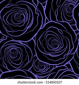 Black background. Small monochrome flowers. Small cute simple spring stylized rose flowers. Beautiful vector seamless pattern in small abstract violet rose flowers.