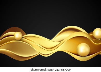 Black background with smooth golden wave and golden spheres.Abstract golden wave vector background.