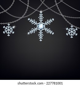 Black background with snowflakes and silver chains