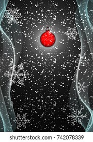 Black  background with snowflakes and snow for celebrating the Happy New Year and Christmas. Abstract template for brochure, cover,  poster, flyer. Vector.  Banner in A4 size. 