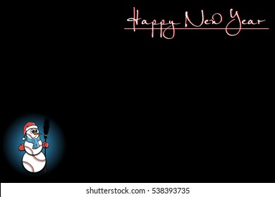 Black background with snowman of baseball and Happy New Year. Vector illustration