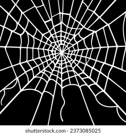 Black background with spider round white web. Vector silhouette on a black background. Element for Halloween design.