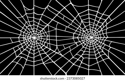 Black background with spider round white webs. Vector silhouette on a black background. Decor for Halloween celebration.