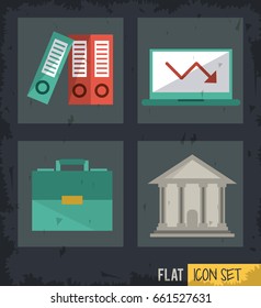 black background squares set with files and briefcase and computer and parthenon