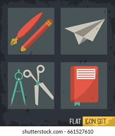 black background squares set with paper plane pencil scissor compass and notebook