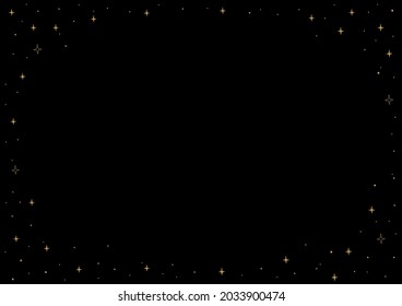 Black background with stars with place for text. Horizontal night banner with copyspace and decorative stars around the edges. Flat vector illustration.