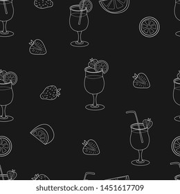 Black background with strawberry, lemon, orange and cocktail glasses.
