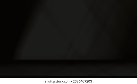 Black Background Studio with light and shadow window reflection on wall,Empty Room display with Podium for Black Friday product placement on website.Banner for Christmas, New Year Sale