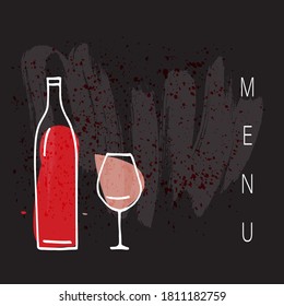 Black background with stylized bottle and wine glass. Menu page. Template. Copy space. Vector image.