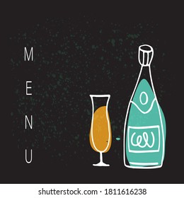 Black background with stylized bottle and wine glass. Menu page. Template. Copy space. Vector image.