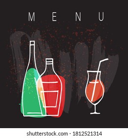 Black background with stylized bottle and wine glass. Menu page. Template. Copy space. 