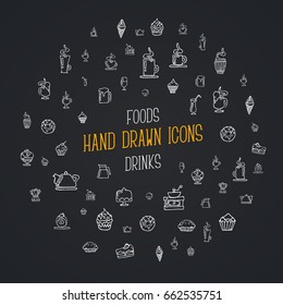 Black background template with icons of coffee, desserts, kitchen equipment and ice cream. Banner with drawings by hand.