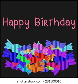 Black background with text and candies. Vector illustration