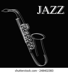 a black background with text and a saxophone