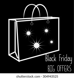 Black background with text and a shopping bag. Vector illustration