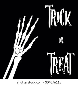 Black background with text and a skeletal hand. Vector illustration
