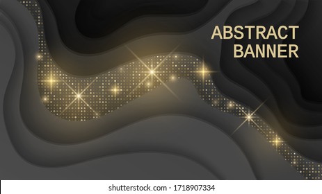 Black background textured with cutout paper layers and golden glittering halftone pattern, Abstract realistic wavy layers and golden glitters. 3d topography relief. Vector eps 10 format