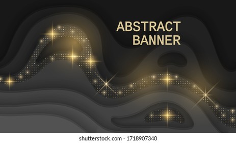 Black background textured with cutout paper layers and golden glittering halftone pattern, Abstract realistic wavy layers and golden glitters. 3d topography relief. Vector eps 10 format