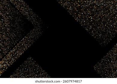 A black background with textured gold and white dots forming angled borders. Abstract background.