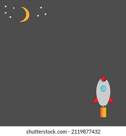 black background, there are pictures of the rocket and the moon and stars