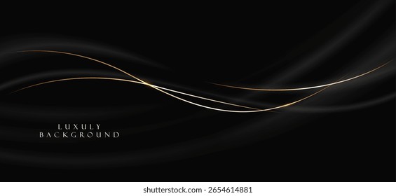 Black background with thin, curved lines moving horizontally. Gold and white gradients along the lines create a sense of movement and luxury.