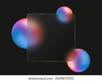 Black background with three-dimensional colored spheres and a square transparent glass morphism plate in the center.