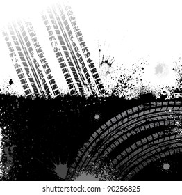 Black background with tire tracks and ink blots