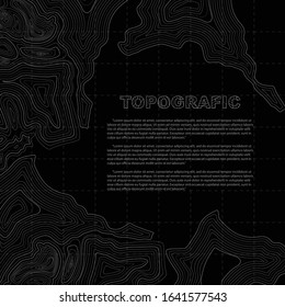 Black background of the topographic map with place for text. Topographic map lines, contour background. Geographic grid, vector abstract.
