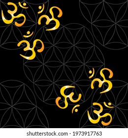 Black background with traditional Indian symbols: mantra, om. Flower of Life. Seamless pattern with spiritual yoga symbol Om, Aum, Om. Vector