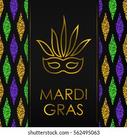 Black background with Traditional Mardi Gras seamless pattern with gold, green, yellow and violet colors, dust confetti. With gold lettering and golden carnival mask. Vector illustration. 