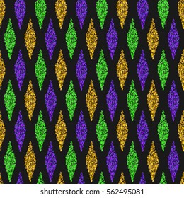 Black background with Traditional Mardi Gras seamless pattern with gold, green, yellow and violet colors, dust confetti. Vector illustration. 