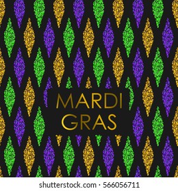 Black background with Traditional Mardi Gras seamless pattern with gold, green, yellow and violet colors, dust confetti. With gold lettering. Vector illustration.