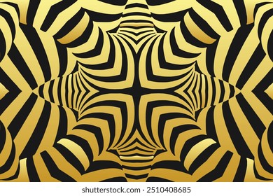 Fondo negro, diseño de la cubierta tribal, Anuncio. Patrón geométrico de Fractal dorado, antiestrés. Ornamentos, etnia del Este, Asia, India, México, Azteca, Perú. 