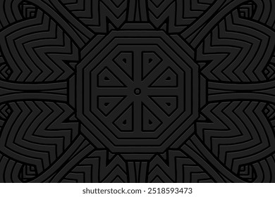 Fondo negro, diseño de la cubierta tribal, Anuncio. Patrón exótico geométrico 3D, en relieve. Ornamentos étnicos, arabescos, mandala del Este, Asia, India, México, azteca, Perú en estilo hecho a mano.