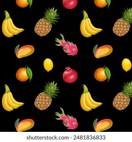 Black background with tropical fruits.Vector seamless pattern with tropical fruits on a black background.