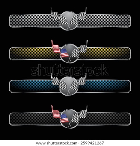 Black background with two scoreboards different patterns for race track designs. Checkered pattern and frame for text