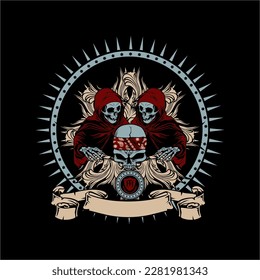 A black background with two skulls and a skull with a mask on it.