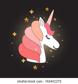 Black background with unicorn and shiny stars.