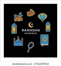 A black background with various Islamic symbols and the text "Ramadan Mubarak" in the center