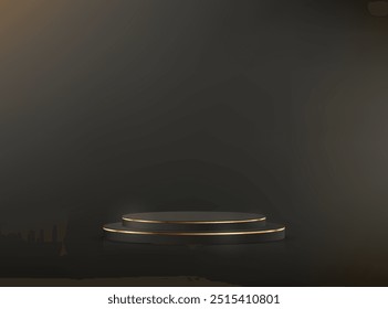 Black background vector 3d with gold podium. 3D abstract studio room with pedestal podium. Space for selling products on the website. Product display background. Vector illustration.