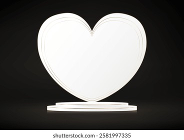 Black background vector 3d with white Heart, and podium. Product display presentation. Space for selling products, backdrop, wallpaper, background, text. Vector illustration.