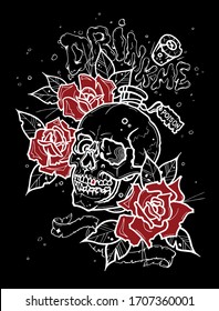 Black background, vector illustration, skull, red roses