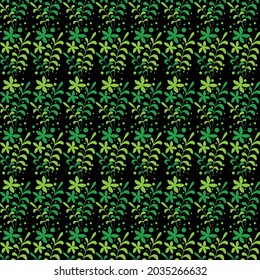 Black background vector seamless pattern design, green leaves