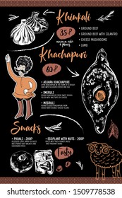 Black background vertical hand drawn Georgian menu cuisine. Vector khinkali, khachapuri, snacks. Georgian men character illustration.