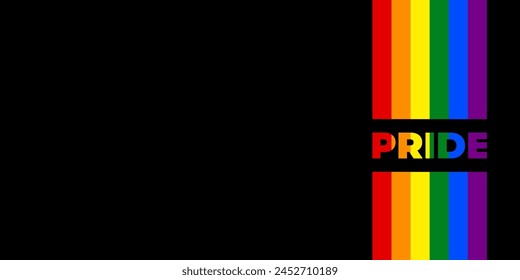 Schwarzer Hintergrund mit vertikalem Regenbogen. Ein Regenbogen Streifen mit dem Wort "Pride" auf schwarzem Hintergrund. Die Flagge des Stolzes. In: Celebrating LGBTQ Identities. Abstrakter Banner für den Monat Pride. Vektorgrafik.