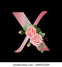 Black background vintage hand drawn rose gold English letter X vector illustration with rose flower leaves, spring and summer elements, elegant wedding font, blooming flowers,