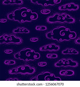 Black background with violet clouds. Seamless pattern. To be used for wallpaper for baby sleep room, fabric design.