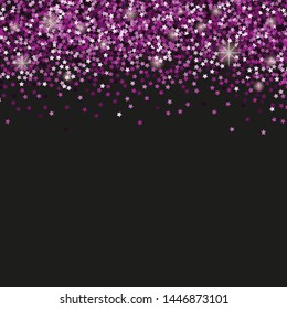 Black background with violet star confetti and space for text.